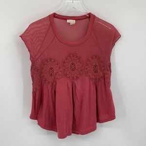 Meadow Rue Anthropologie babydoll shirt top knit crochet mesh red pink Small S